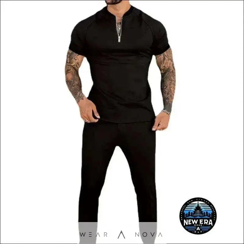 Men's Tailored Short-Sleeve Suit with Stylish Zipper Design  Pants&t-shirt 