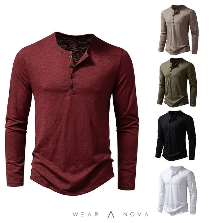Mens Clothing Long Sleeve T-shirt Fashion Button Henry Collar Tops  blouse slim modern trend 