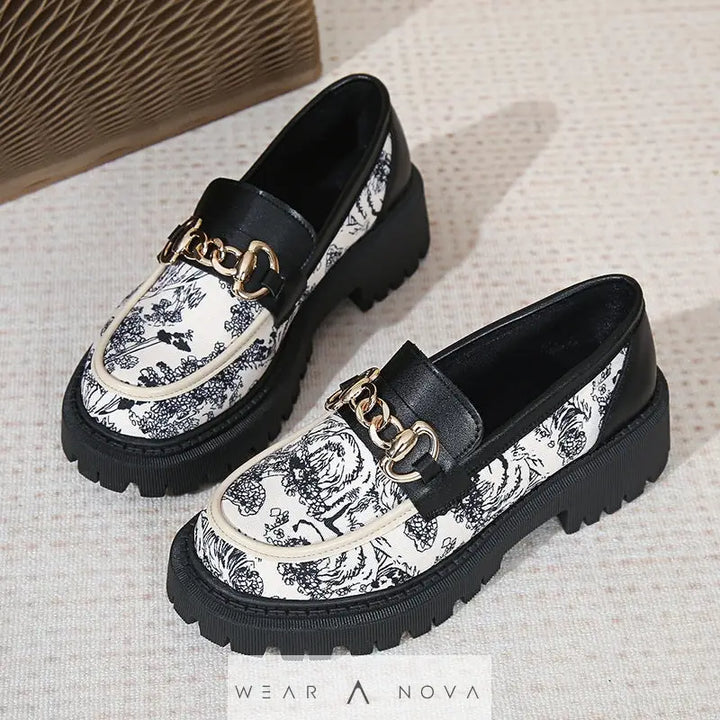 Muffin Platform Shoes Loafers Female Fashionable Golden Chain  Shoes 