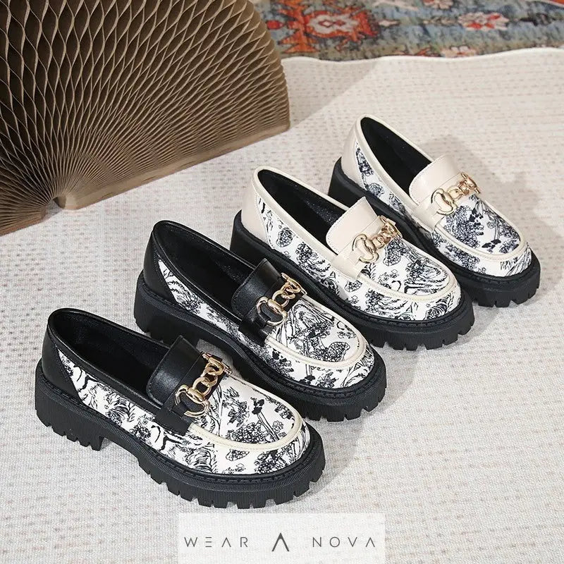 Muffin Platform Shoes Loafers Female Fashionable Golden Chain  Shoes 
