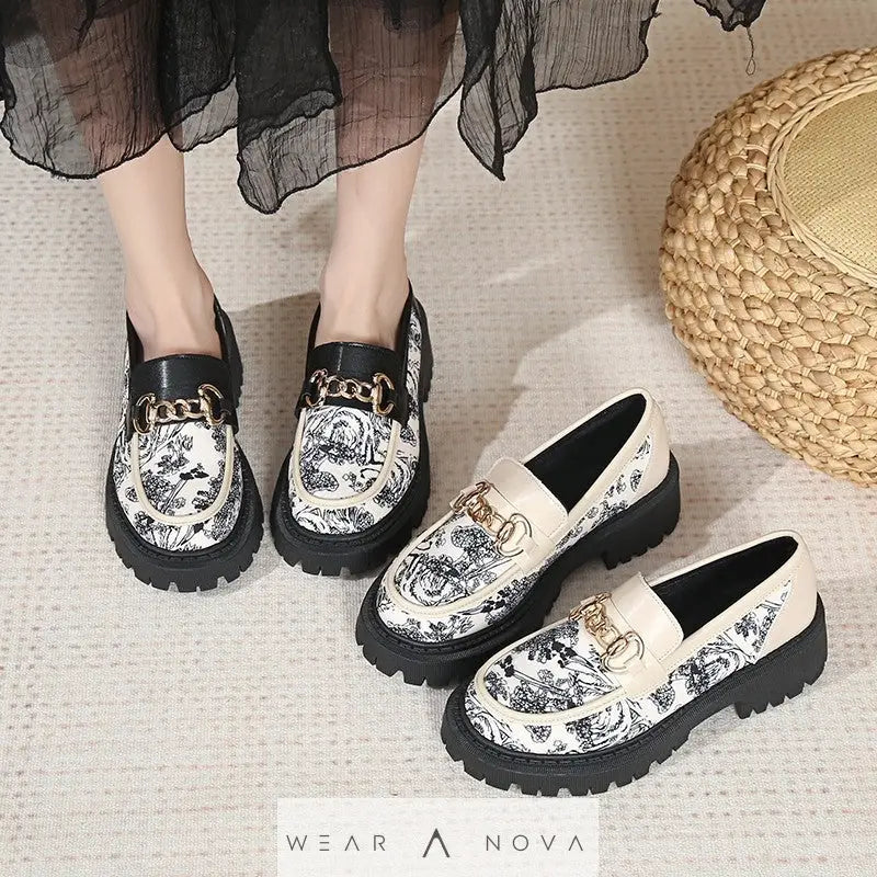 Muffin Platform Shoes Loafers Female Fashionable Golden Chain  Shoes 