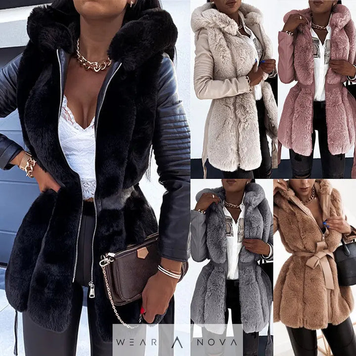 New Style Fur Belt Belt Hooded Zipper Jacket Women's Clothing  jacket women coat NewEraWear