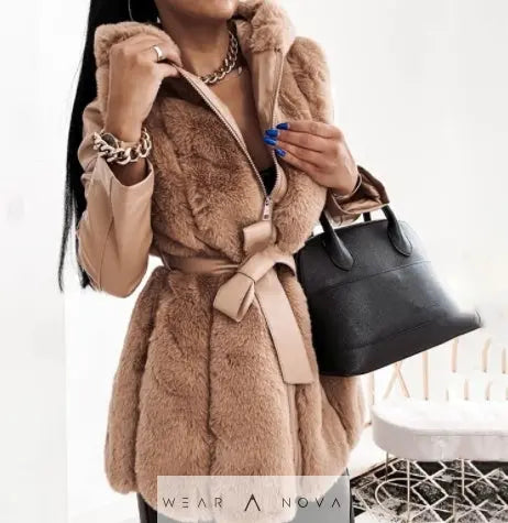 New Style Fur Belt Belt Hooded Zipper Jacket Women's Clothing  jacket women coat NewEraWear