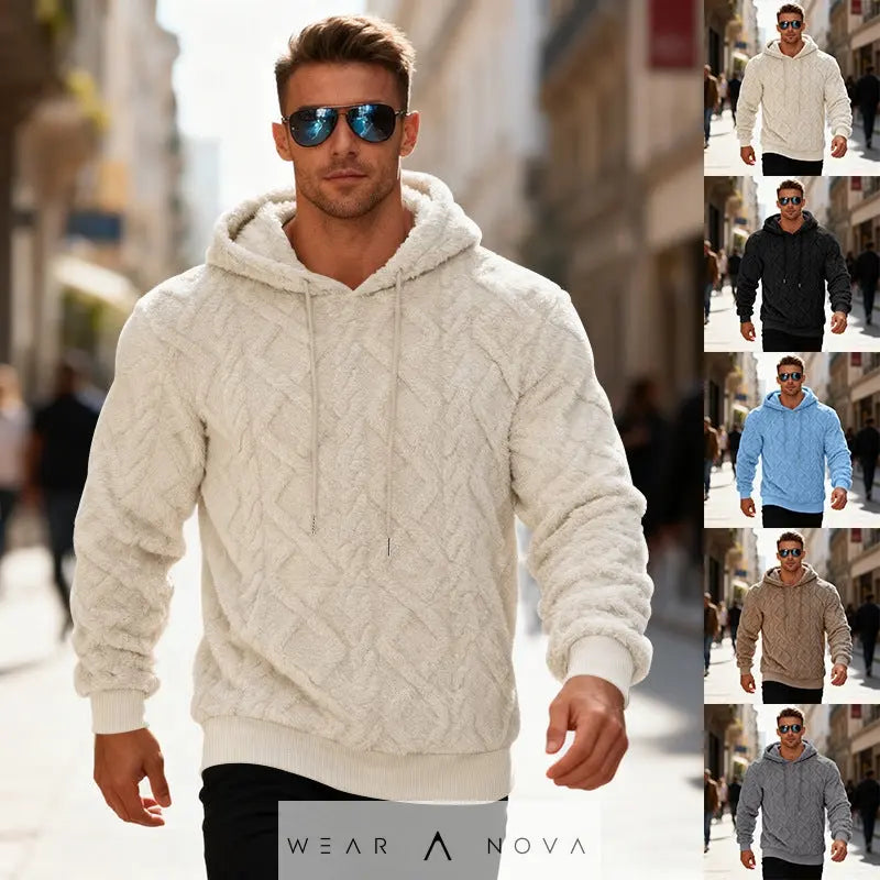 Plush hooded fleece-lined pullover men's long-sleeve solid color winter sweatshirt
