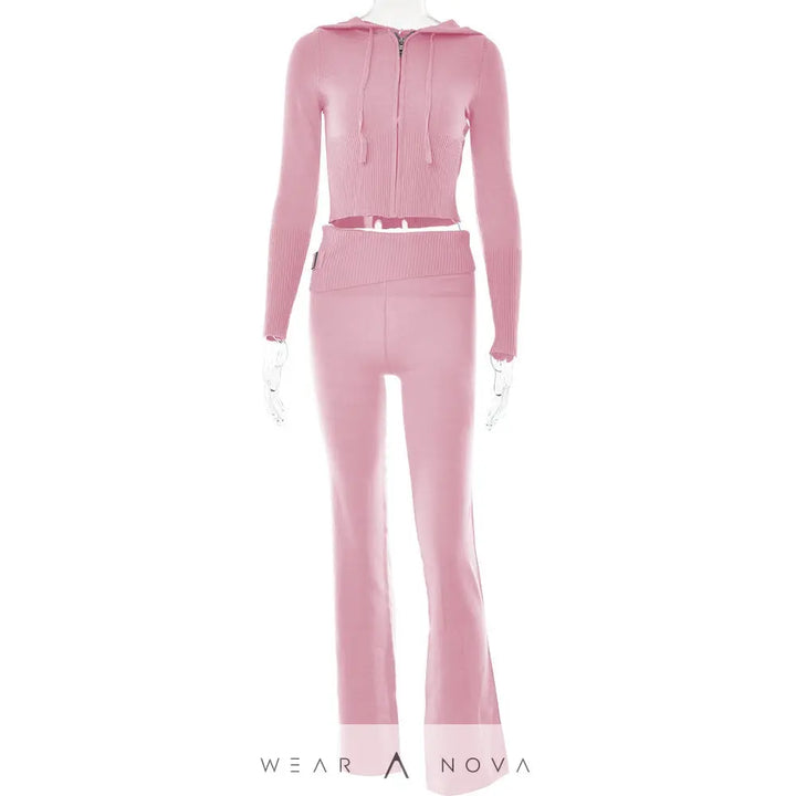 Hoodie Suit Women Leisure Sexy Zip Long Sleeve Sweater And High Waist Long Pants Set - WearaNova