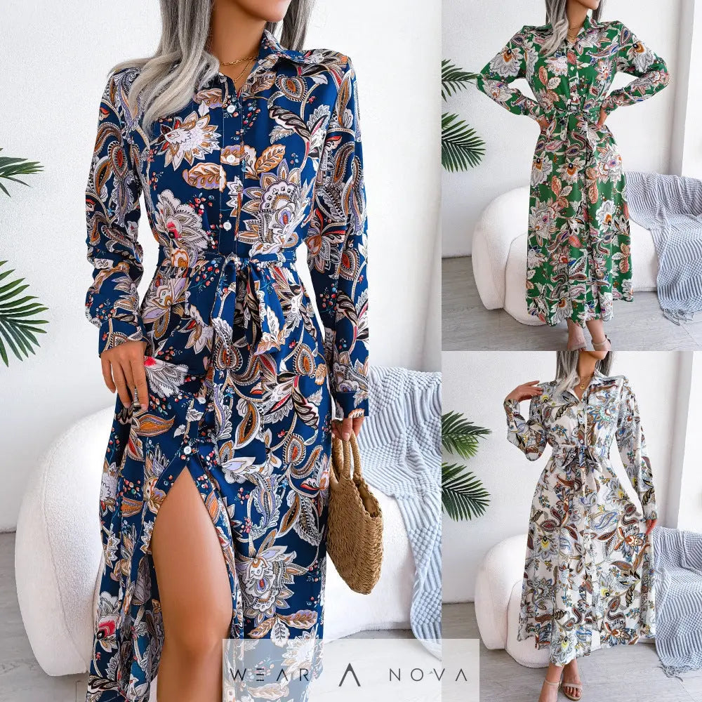 Retro Floral Stand Collar Belted Shirt Dress Long Skirt Women's Fashion Full Sleeve Regular Waistline Ankle-Length - WearaNova