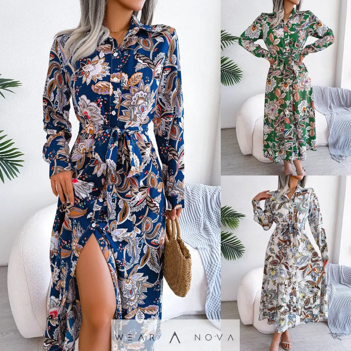 Retro Floral Stand Collar Belted Shirt Dress Long Skirt Women's Fashion Full Sleeve Regular Waistline Ankle-Length - WearaNova