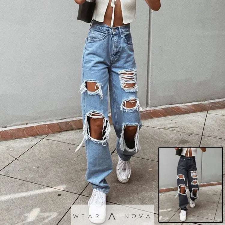 Women American retro high-waist denim jeans with hole-punched detail wide-leg dragging length in blue