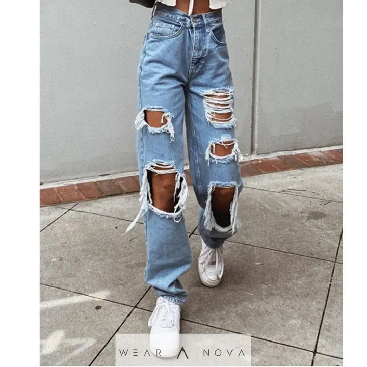 Women's American Retro Hole-punched Jeans Women High Waist Straight-crotch Loose Slim Design High-street Vibe Wide-legged Dragging Pants - WearaNova