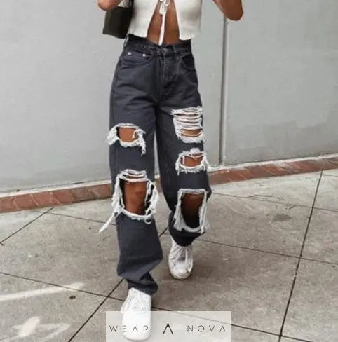 Women's American Retro Hole-punched Jeans Women High Waist Straight-crotch Loose Slim Design High-street Vibe Wide-legged Dragging Pants - WearaNova