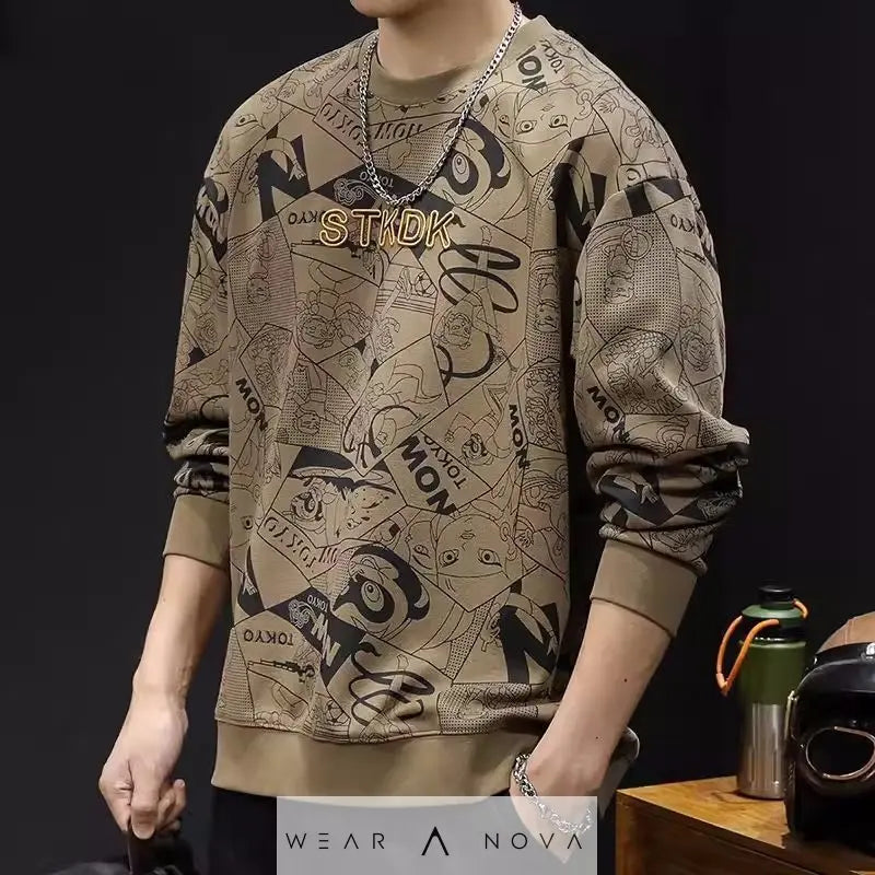 Round Neck Print Sweatshirt Long Sleeve Men's  Hoodie man 