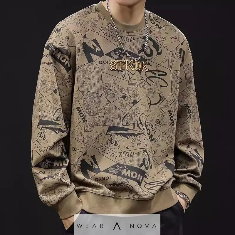 Round Neck Print Sweatshirt Long Sleeve Men's  Hoodie man 
