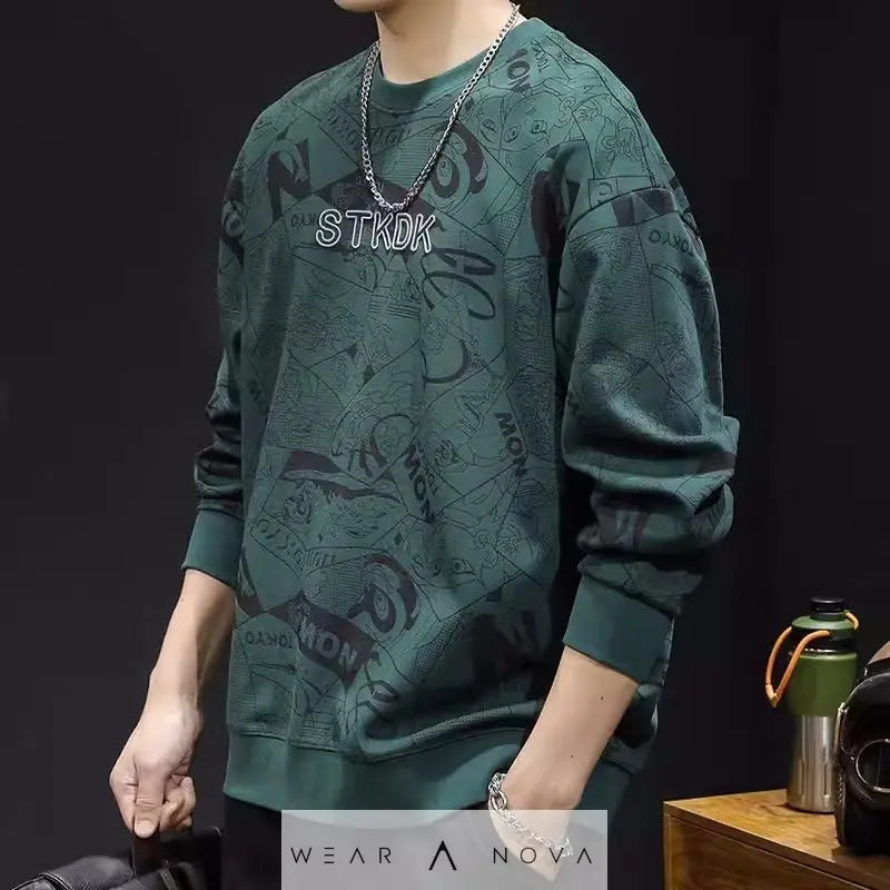 Round Neck Print Sweatshirt Long Sleeve Men's  Hoodie man 