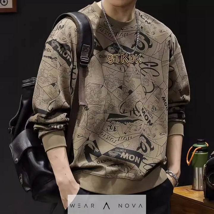 Round Neck Print Sweatshirt Long Sleeve Men's  Hoodie man 