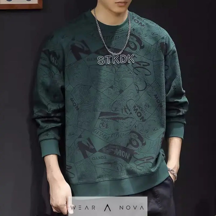 Round Neck Print Sweatshirt Long Sleeve Men's  Hoodie man 