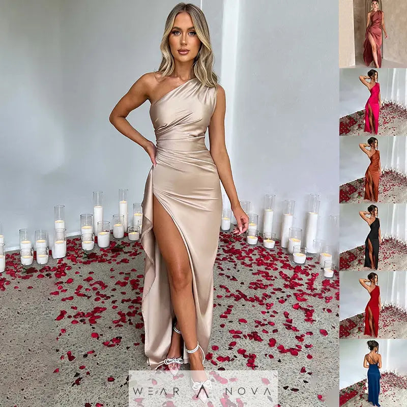 Sexy One-shoulder Backless Slit Dress Summer Elegant Slim-fit Solid Color Satin Dresses For Women  Dress Elegant 