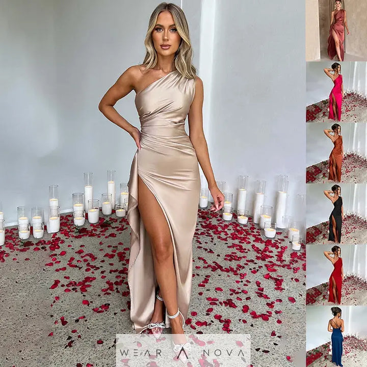 Sexy One-shoulder Backless Slit Dress Summer Elegant Slim-fit Solid Color Satin Dresses For Women  Dress Elegant 