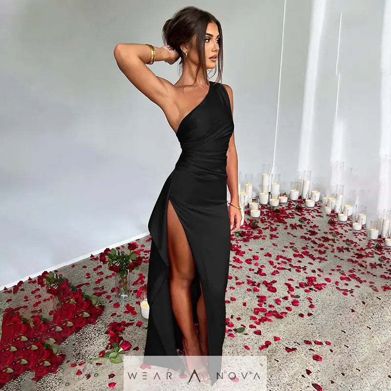 Sexy One-shoulder Backless Slit Dress Summer Elegant Slim-fit Solid Color Satin Dresses For Women  Dress Elegant 