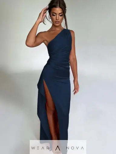 Sexy One-shoulder Backless Slit Dress Summer Elegant Slim-fit Solid Color Satin Dresses For Women  Dress Elegant 
