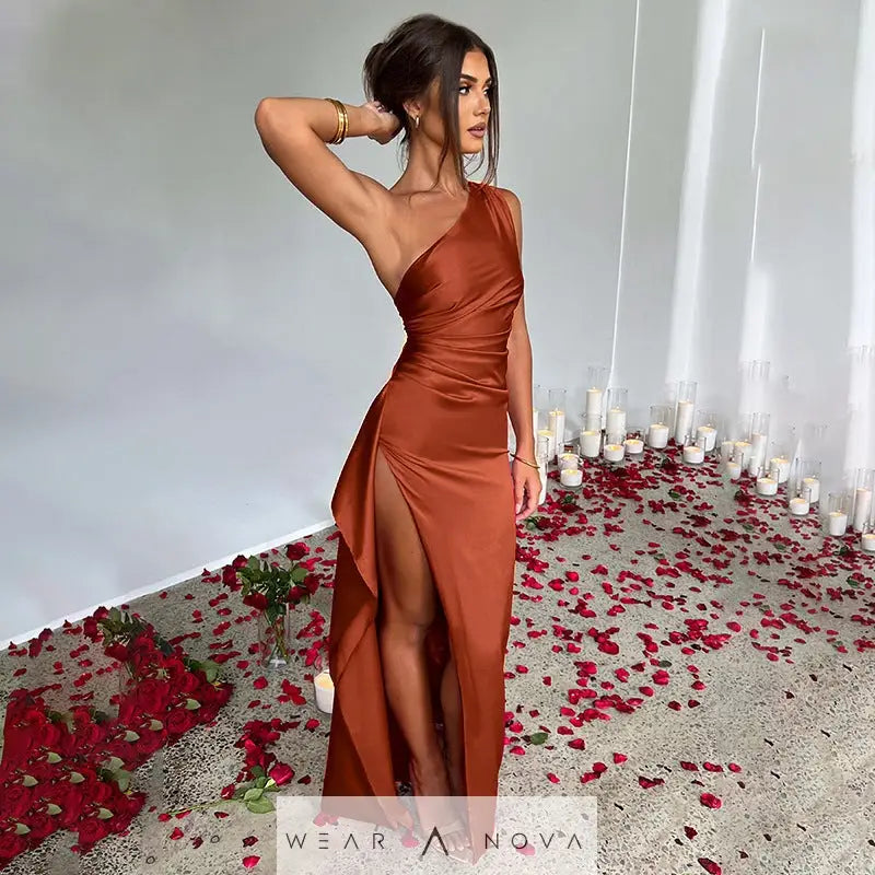 Sexy One-shoulder Backless Slit Dress Summer Elegant Slim-fit Solid Color Satin Dresses For Women  Dress Elegant 