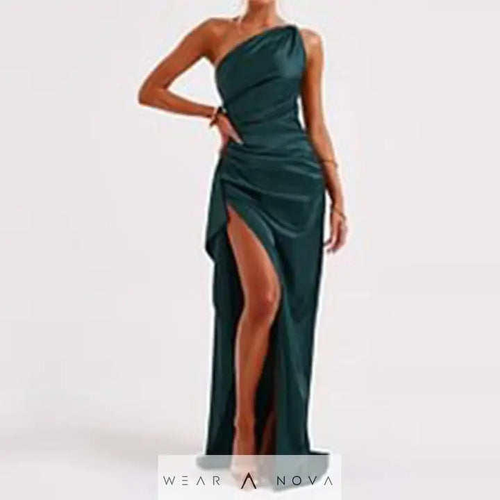 Sexy One-shoulder Backless Slit Dress Summer Elegant Slim-fit Solid Color Satin Dresses For Women  Dress Elegant 