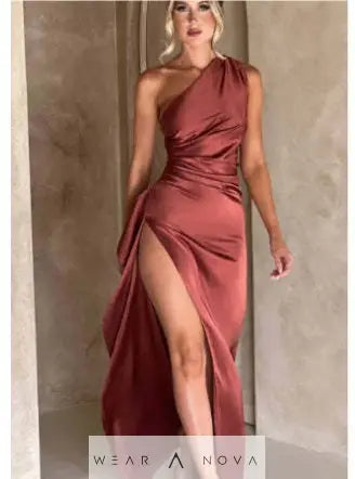 Sexy One-shoulder Backless Slit Dress Summer Elegant Slim-fit Solid Color Satin Dresses For Women  Dress Elegant 