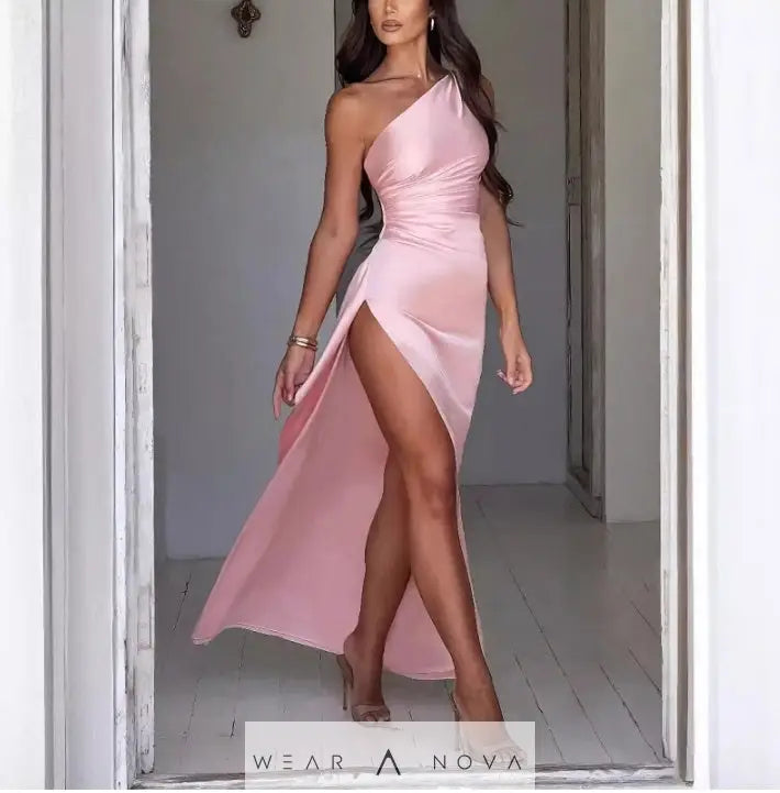 Sexy One-shoulder Backless Slit Dress Summer Elegant Slim-fit Solid Color Satin Dresses For Women  Dress Elegant 