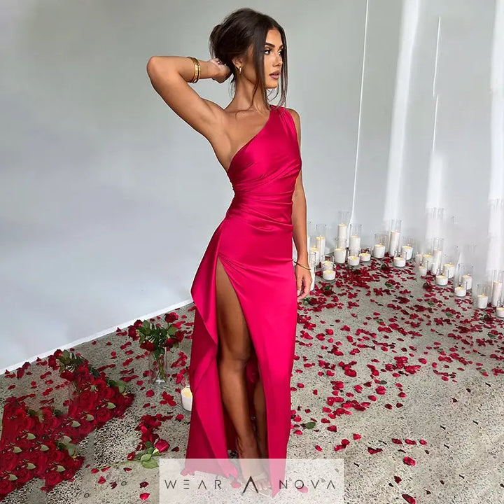 Sexy One-shoulder Backless Slit Dress Summer Elegant Slim-fit Solid Color Satin Dresses For Women  Dress Elegant 