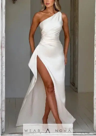 Sexy One-shoulder Backless Slit Dress Summer Elegant Slim-fit Solid Color Satin Dresses For Women  Dress Elegant 