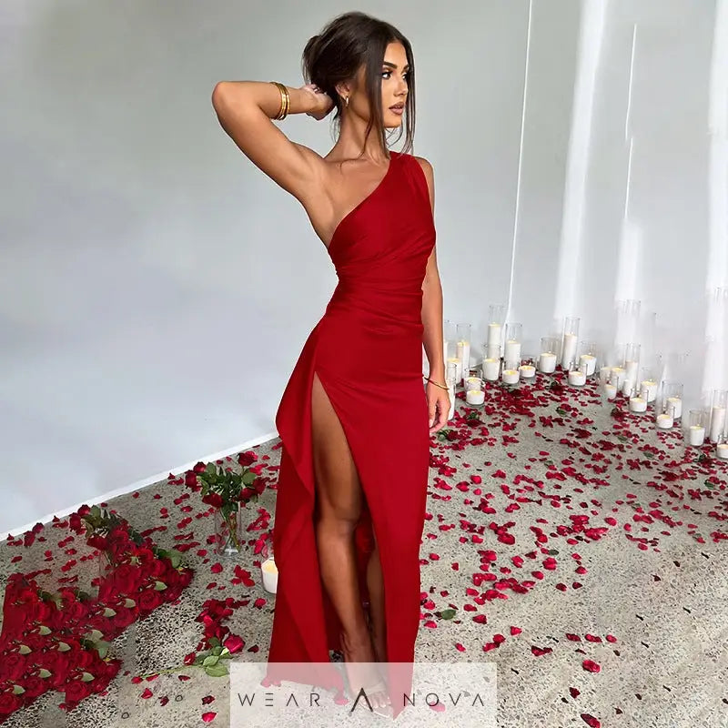 Sexy One-shoulder Backless Slit Dress Summer Elegant Slim-fit Solid Color Satin Dresses For Women  Dress Elegant 