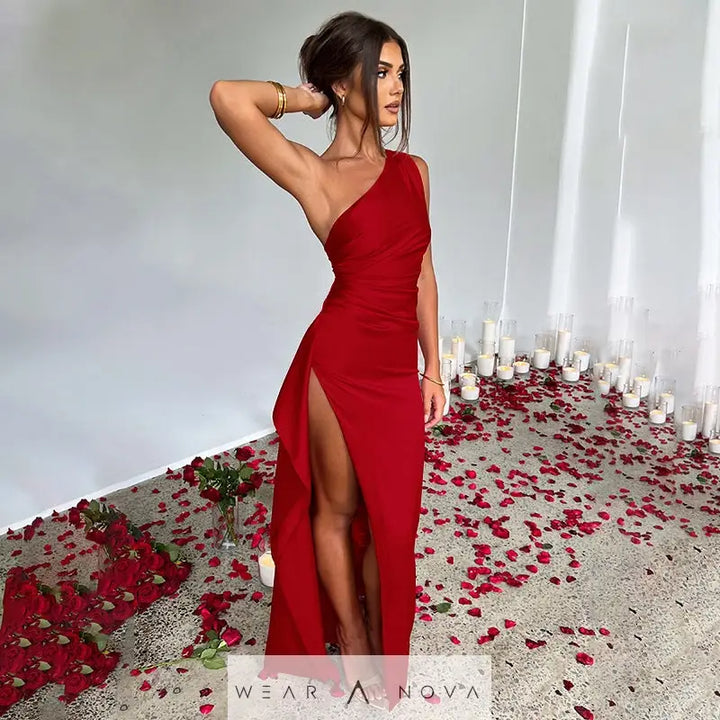 Sexy One-shoulder Backless Slit Dress Summer Elegant Slim-fit Solid Color Satin Dresses For Women  Dress Elegant 