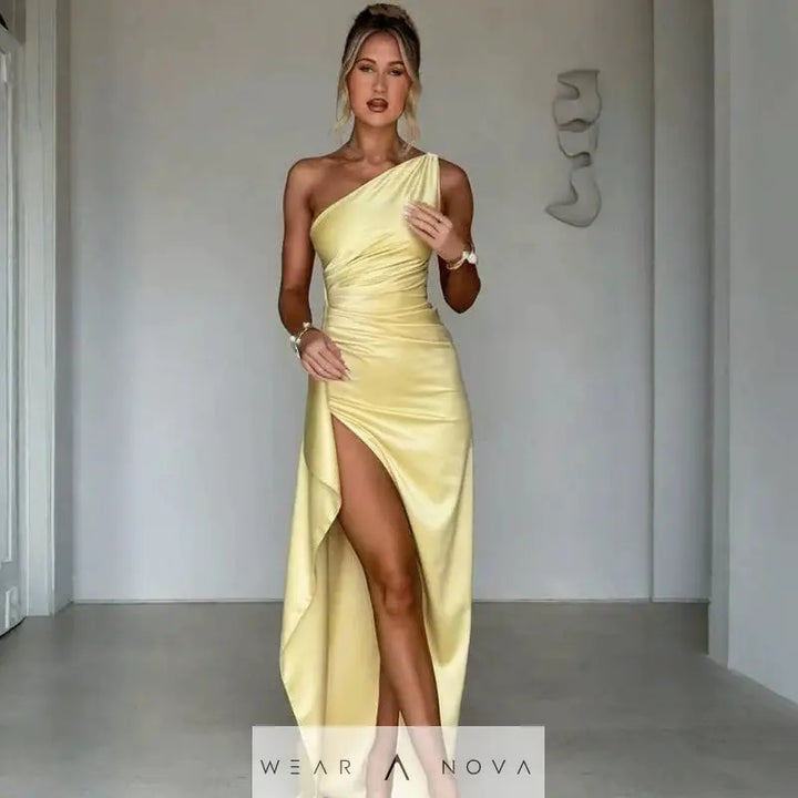 Sexy One-shoulder Backless Slit Dress Summer Elegant Slim-fit Solid Color Satin Dresses For Women  Dress Elegant 