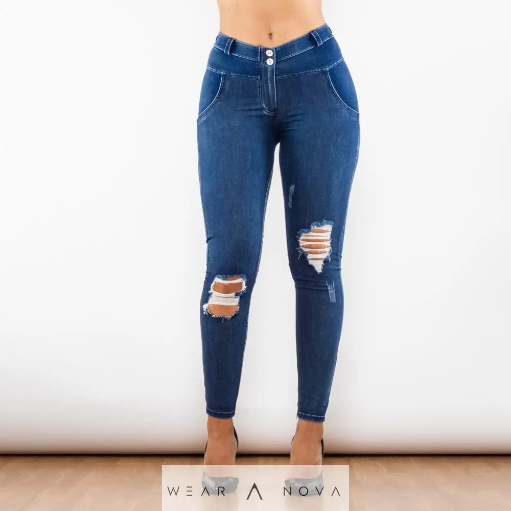 Shascullfites Melody Blue Washed Ripped Middle Waist Ripped Blue Lifting Jegging  Jeans Women Trend 