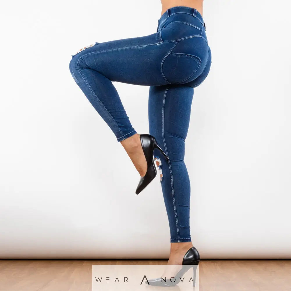 Shascullfites Melody Blue Washed Ripped Middle Waist Ripped Blue Lifting Jegging  Jeans Women Trend 