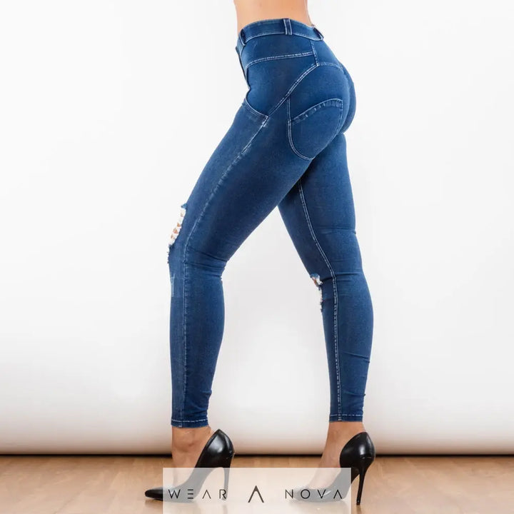 Shascullfites Melody Blue Washed Ripped Middle Waist Ripped Blue Lifting Jegging  Jeans Women Trend 