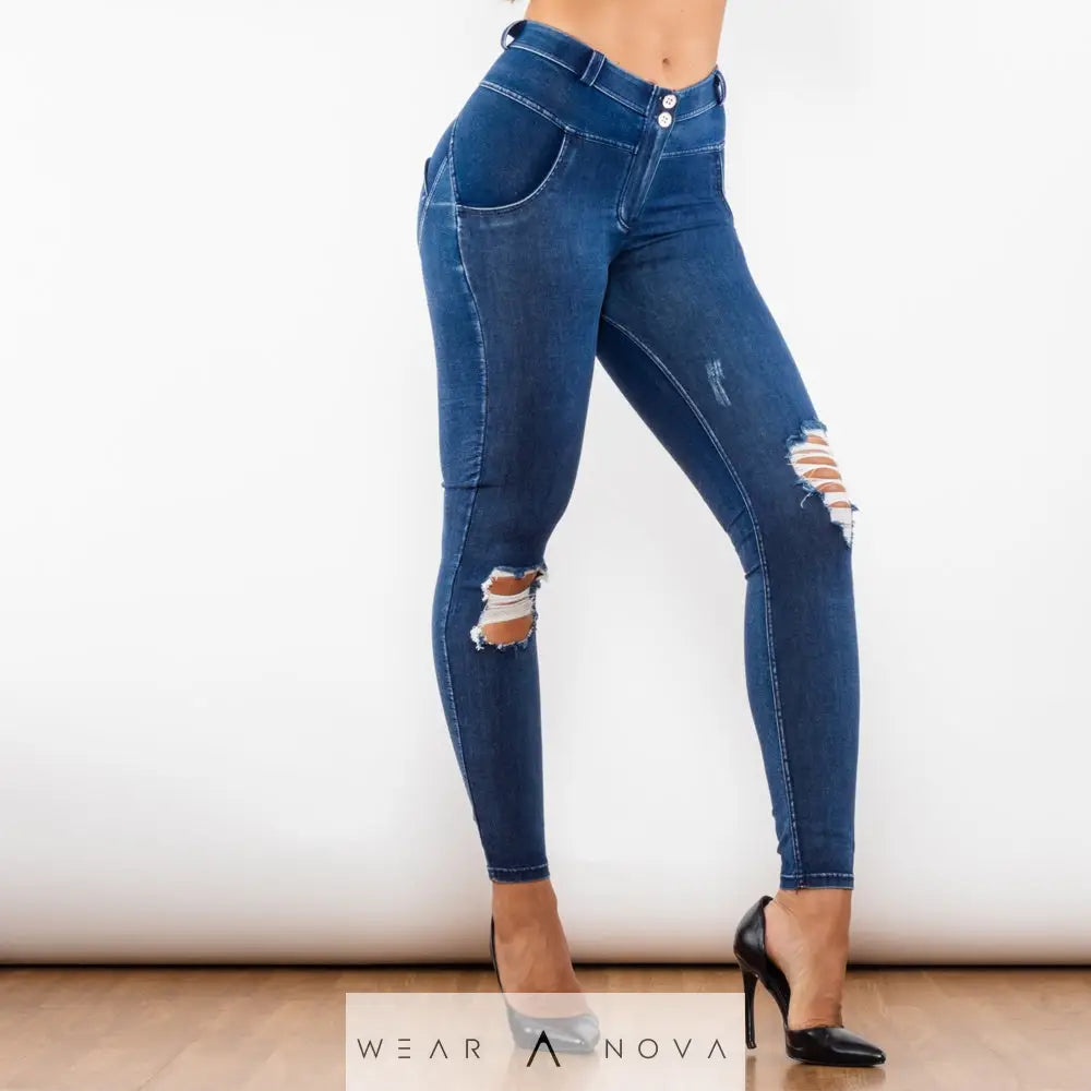 Shascullfites Melody Blue Washed Ripped Middle Waist Ripped Blue Lifting Jegging  Jeans Women Trend 