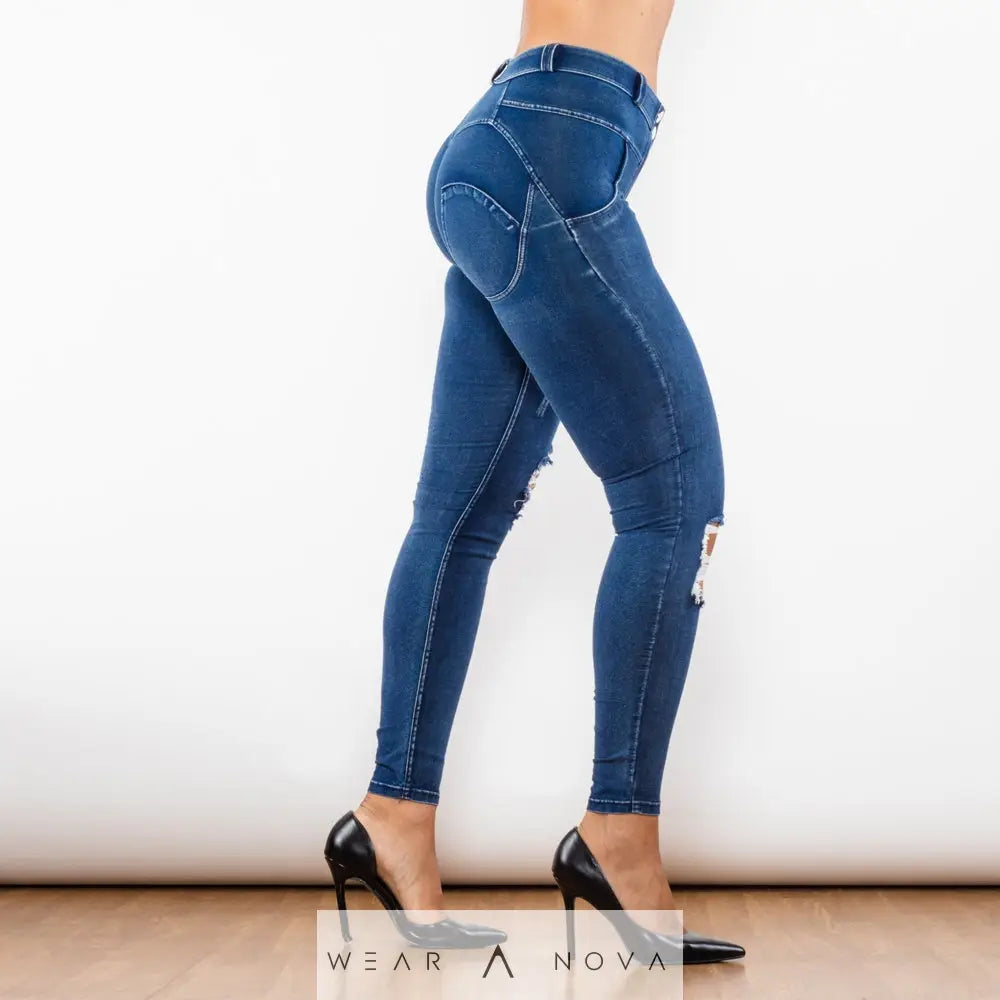 Shascullfites Melody Blue Washed Ripped Middle Waist Ripped Blue Lifting Jegging  Jeans Women Trend 