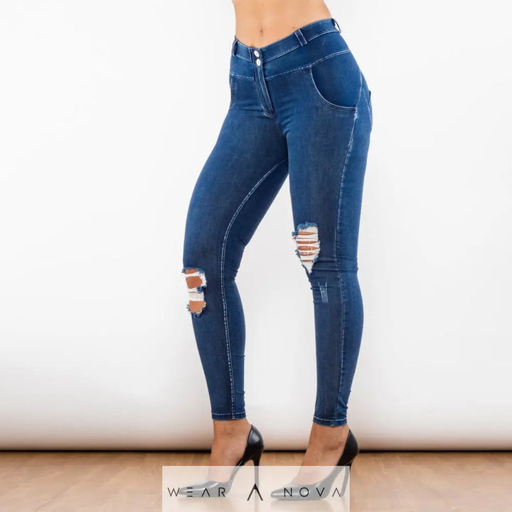 Shascullfites Melody Blue Washed Ripped Middle Waist Ripped Blue Lifting Jegging  Jeans Women Trend 