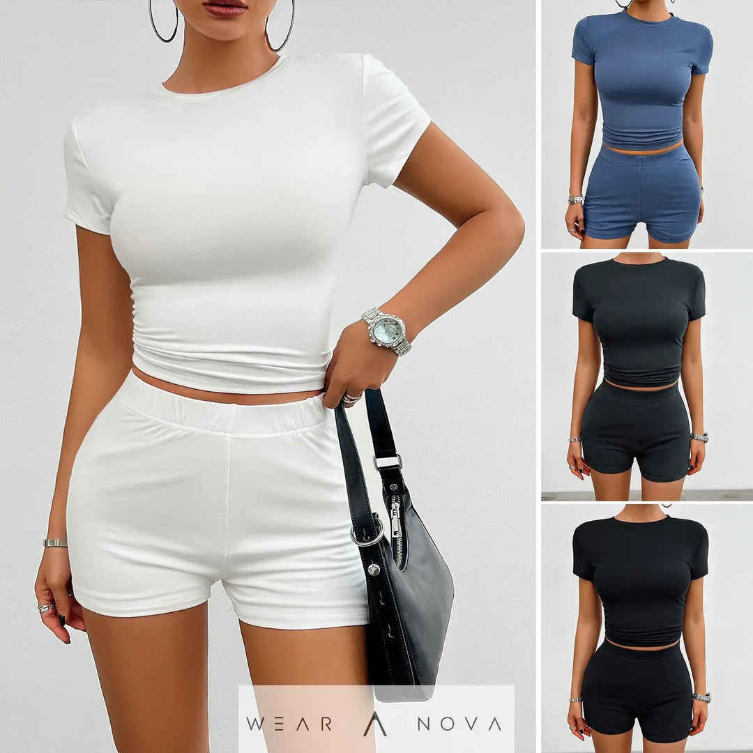 Solid Color Slim Sports Suit Summer 2Pcs Short-sleeved Round Neck T-shirt And Elastic Shorts Fashion Womens Clothing - WearaNova