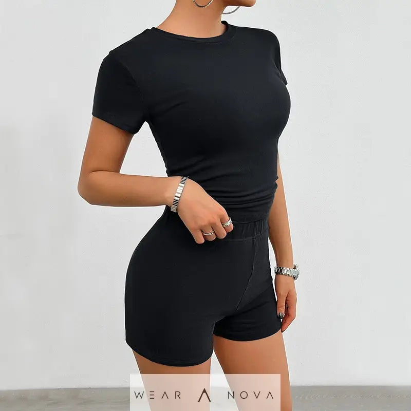 Solid Color Slim Sports Suit Summer 2Pcs Short-sleeved Round Neck T-shirt And Elastic Shorts Fashion Womens Clothing - WearaNova