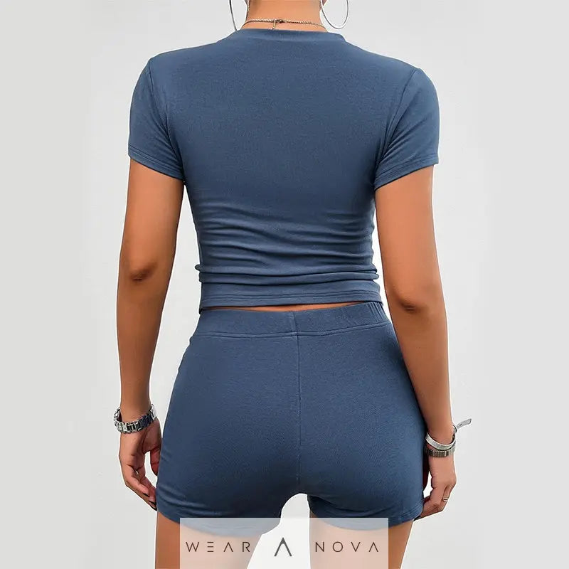Solid Color Slim Sports Suit Summer 2Pcs Short-sleeved Round Neck T-shirt And Elastic Shorts Fashion Womens Clothing - WearaNova