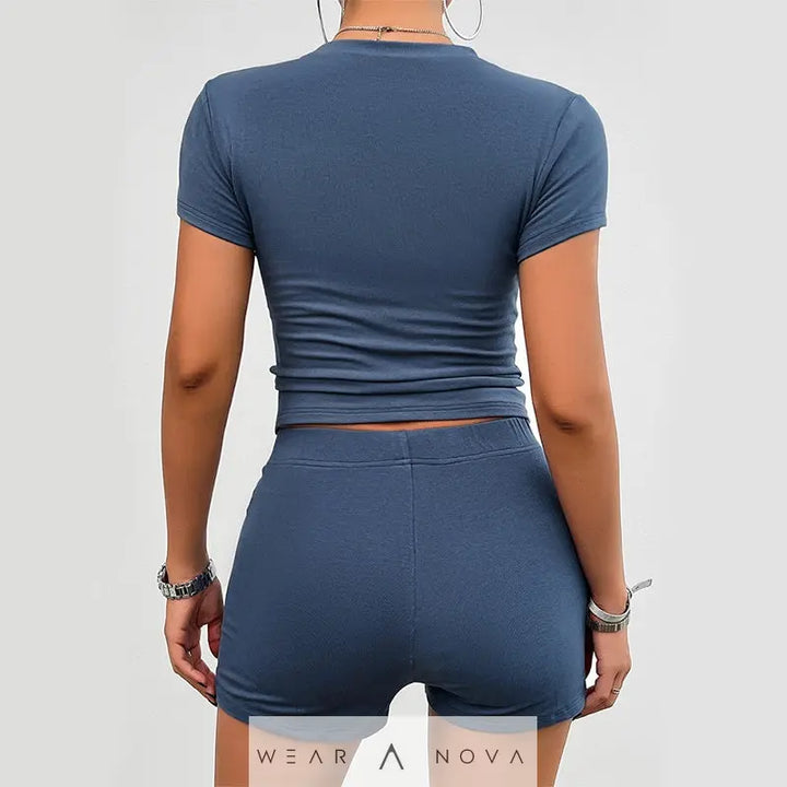 Solid Color Slim Sports Suit Summer 2Pcs Short-sleeved Round Neck T-shirt And Elastic Shorts Fashion Womens Clothing - WearaNova