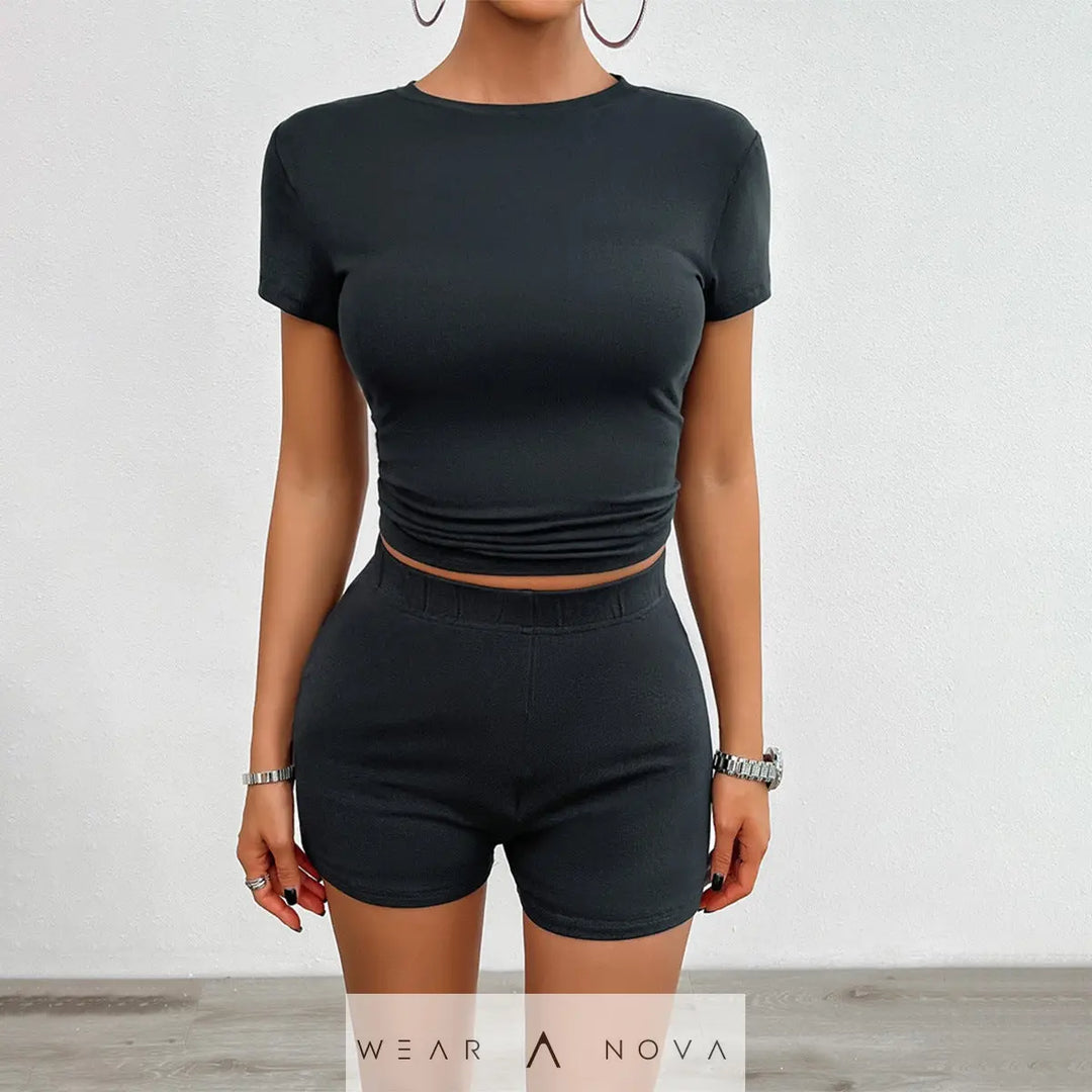 Solid Color Slim Sports Suit Summer 2Pcs Short-sleeved Round Neck T-shirt And Elastic Shorts Fashion Womens Clothing - WearaNova