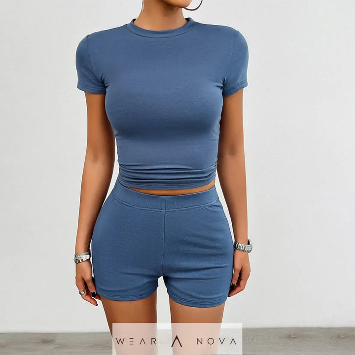 Solid Color Slim Sports Suit Summer 2Pcs Short-sleeved Round Neck T-shirt And Elastic Shorts Fashion Womens Clothing - WearaNova