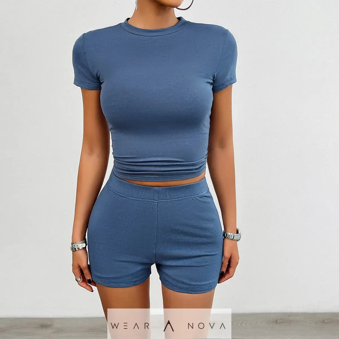 Solid Color Slim Sports Suit Summer 2Pcs Short-sleeved Round Neck T-shirt And Elastic Shorts Fashion Womens Clothing - WearaNova
