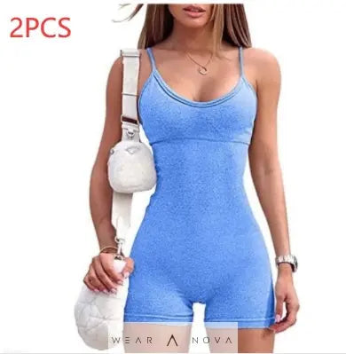 Spaghetti Strap Shorts Jumpsuit Sports Yoga Workout Tight Romper Women Fashion Fitness Sportwear  Top complet with pants 
