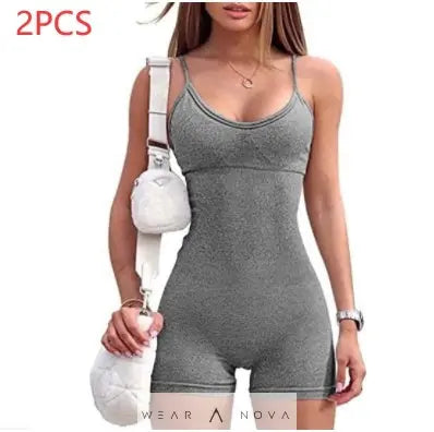 Spaghetti Strap Shorts Jumpsuit Sports Yoga Workout Tight Romper Women Fashion Fitness Sportwear  Top complet with pants 