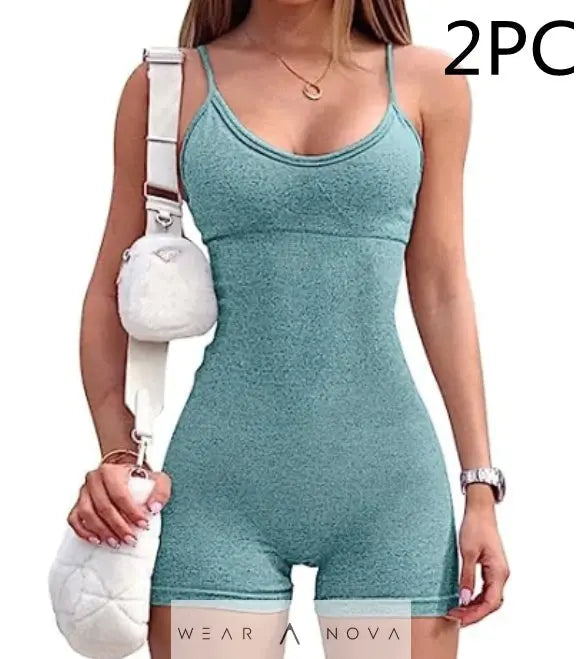 Spaghetti Strap Shorts Jumpsuit Sports Yoga Workout Tight Romper Women Fashion Fitness Sportwear  Top complet with pants 