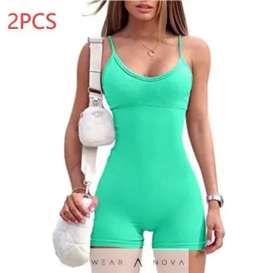 Spaghetti Strap Shorts Jumpsuit Sports Yoga Workout Tight Romper Women Fashion Fitness Sportwear  Top complet with pants 