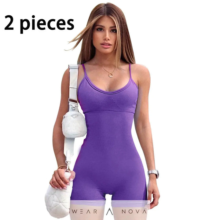 Spaghetti Strap Shorts Jumpsuit Sports Yoga Workout Tight Romper Women Fashion Fitness Sportwear  Top complet with pants 